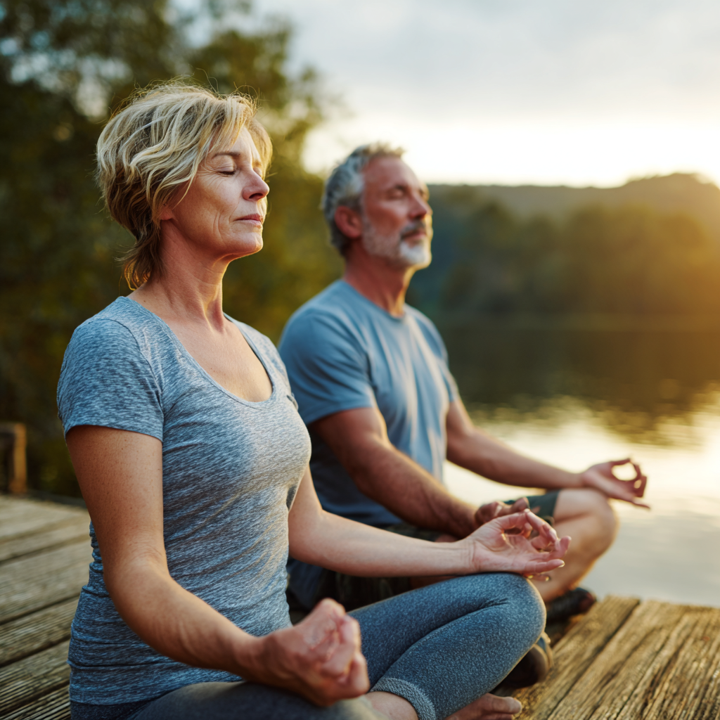 Middle-aged adults in peaceful natural setting practicing healthy lifestyle habits
