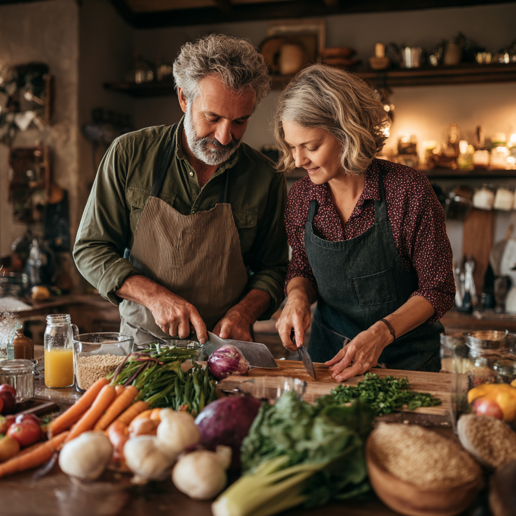 Middle-aged adults preparing healthy fiber-rich meal with vegetables and whole grains