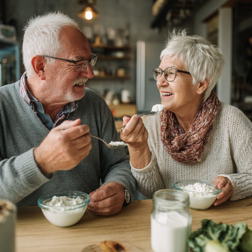 Older adults enjoying probiotic-rich foods like yogurt and fermented vegetables